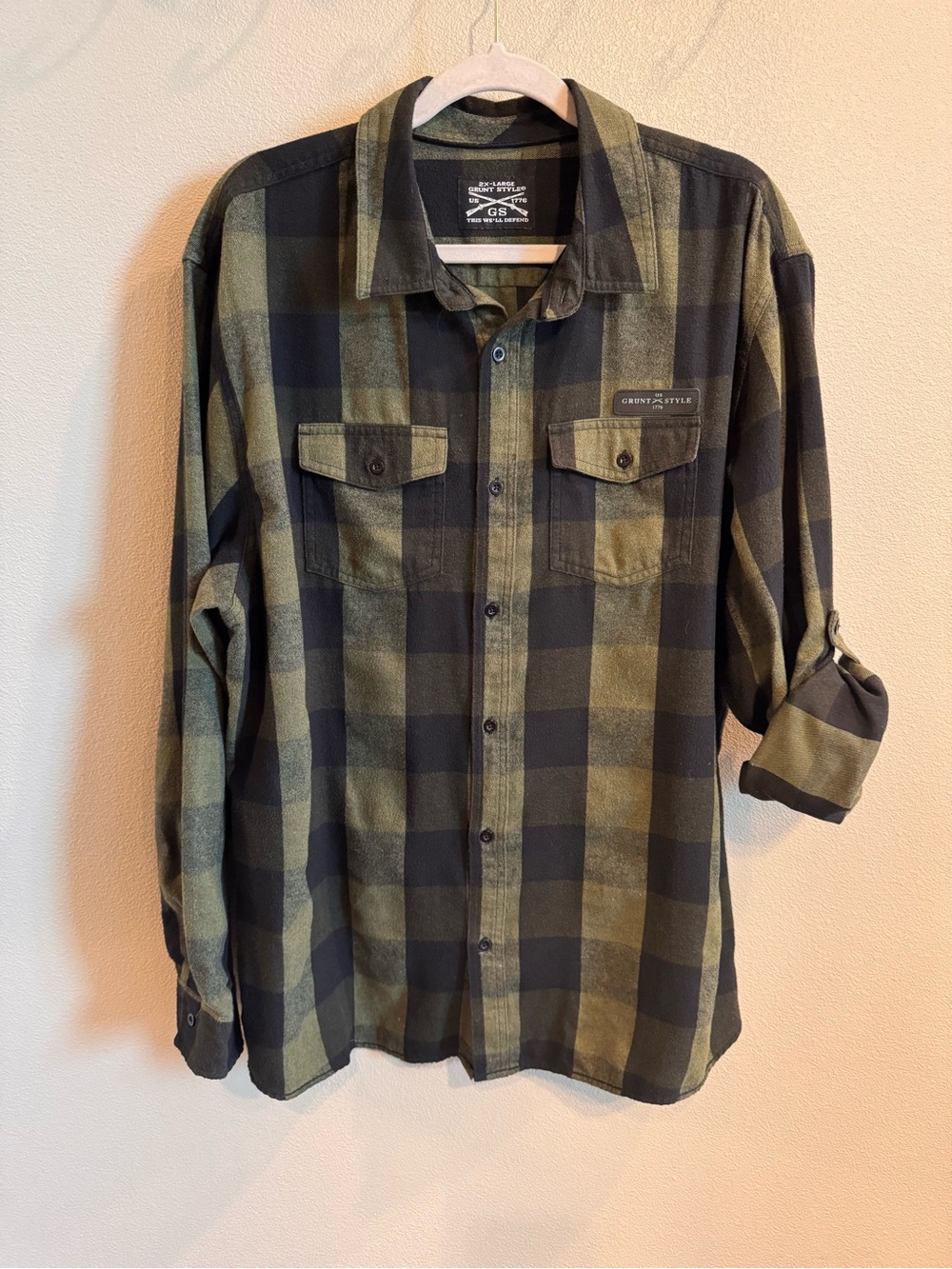 Grunt Style Olive & Black Plaid Flannel Button-Down Shirt